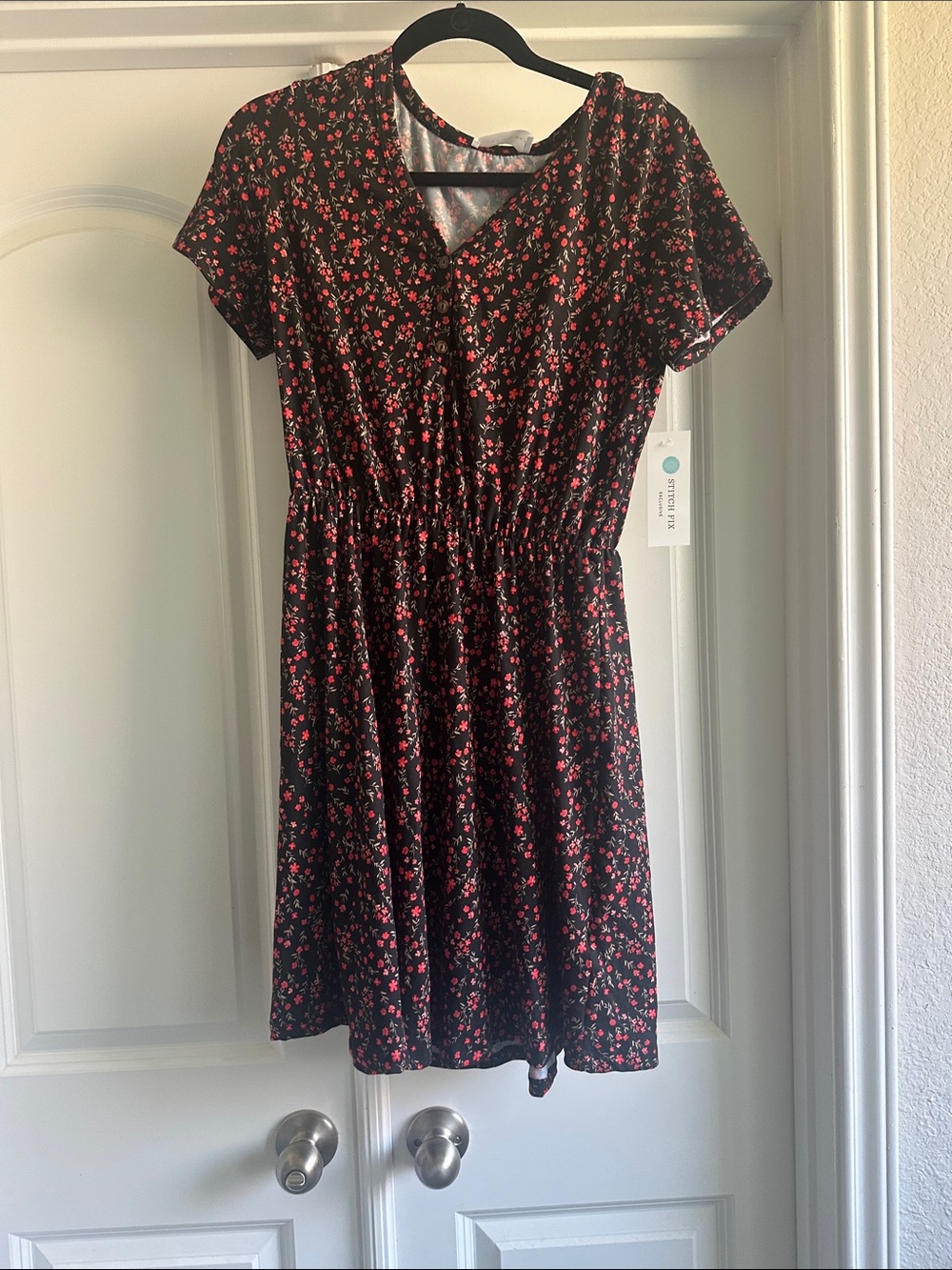 French Grey Black Mini Dress with Red Floral Print
